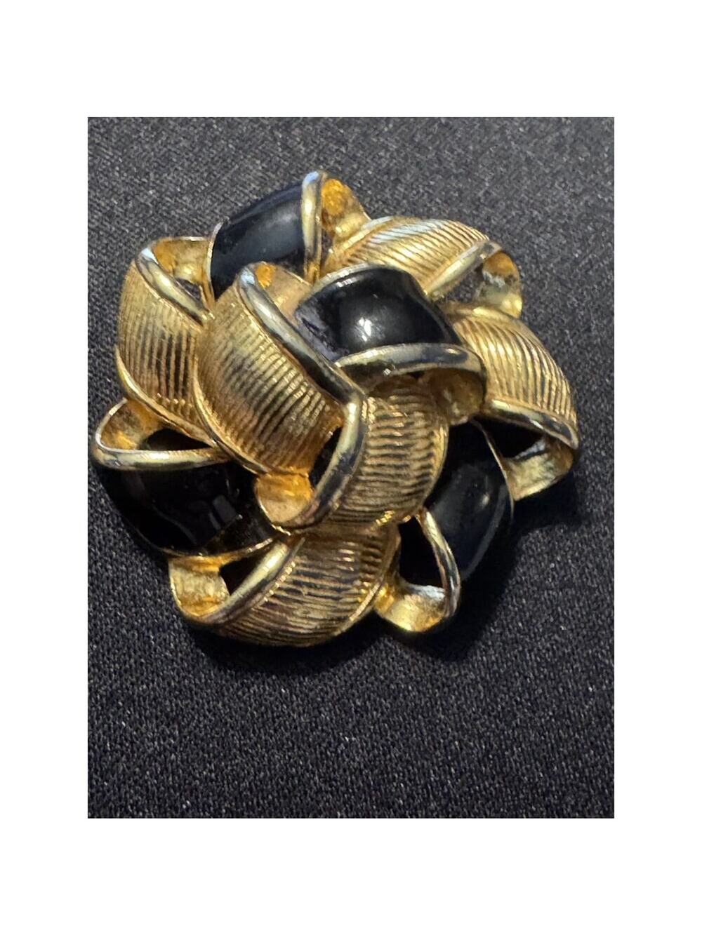 Ann Klien Vintage RIbbon Brooch Gold Tone & Black Enamel Signed AK